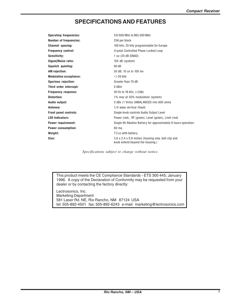 Specifications and features | Lectrosonics UCR110 User Manual | Page 9 / 10