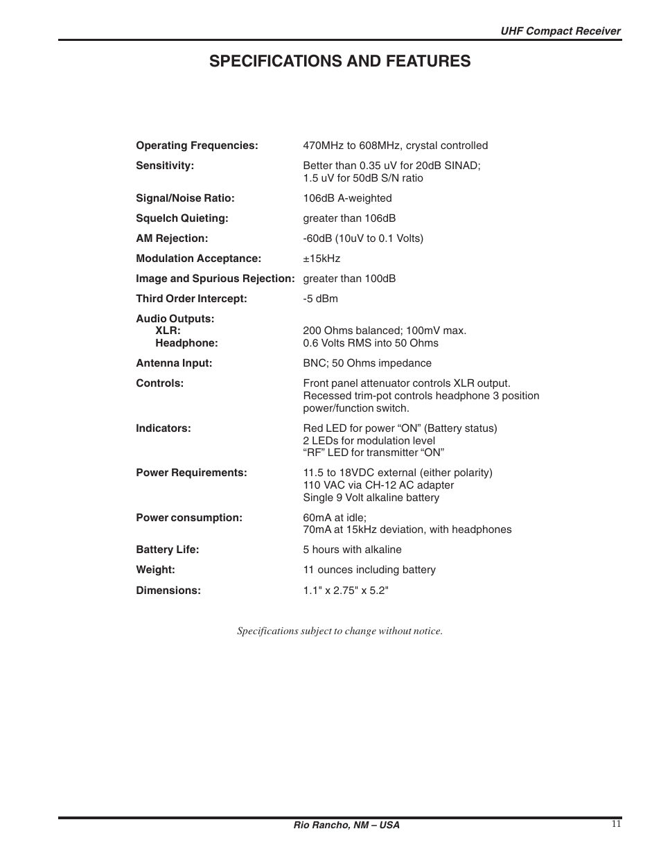 Specifications and features | Lectrosonics UCR190 User Manual | Page 11 / 12