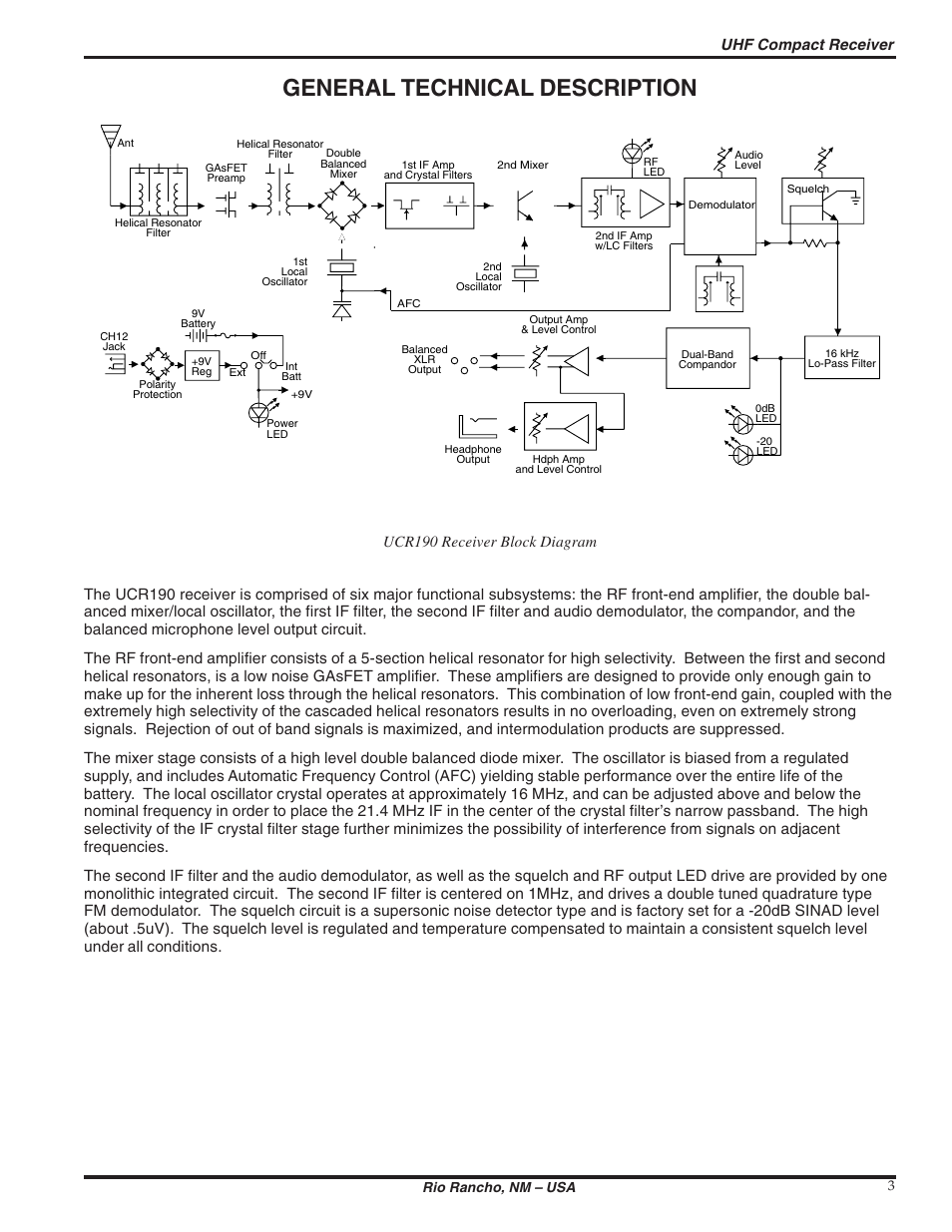 General technical description, Uhf compact receiver | Lectrosonics UCR190 User Manual | Page 3 / 12