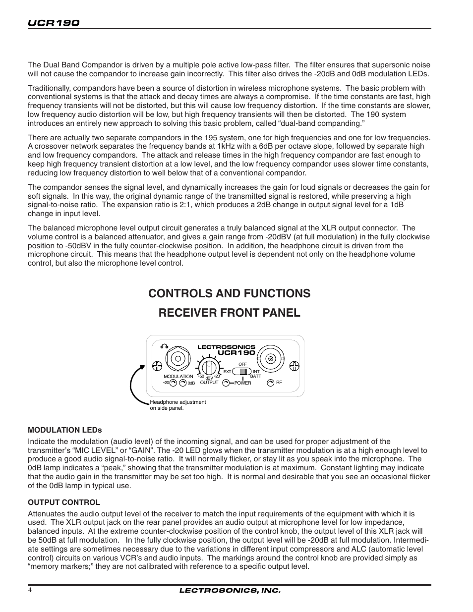 Controls and functions receiver front panel | Lectrosonics UCR190 User Manual | Page 4 / 12