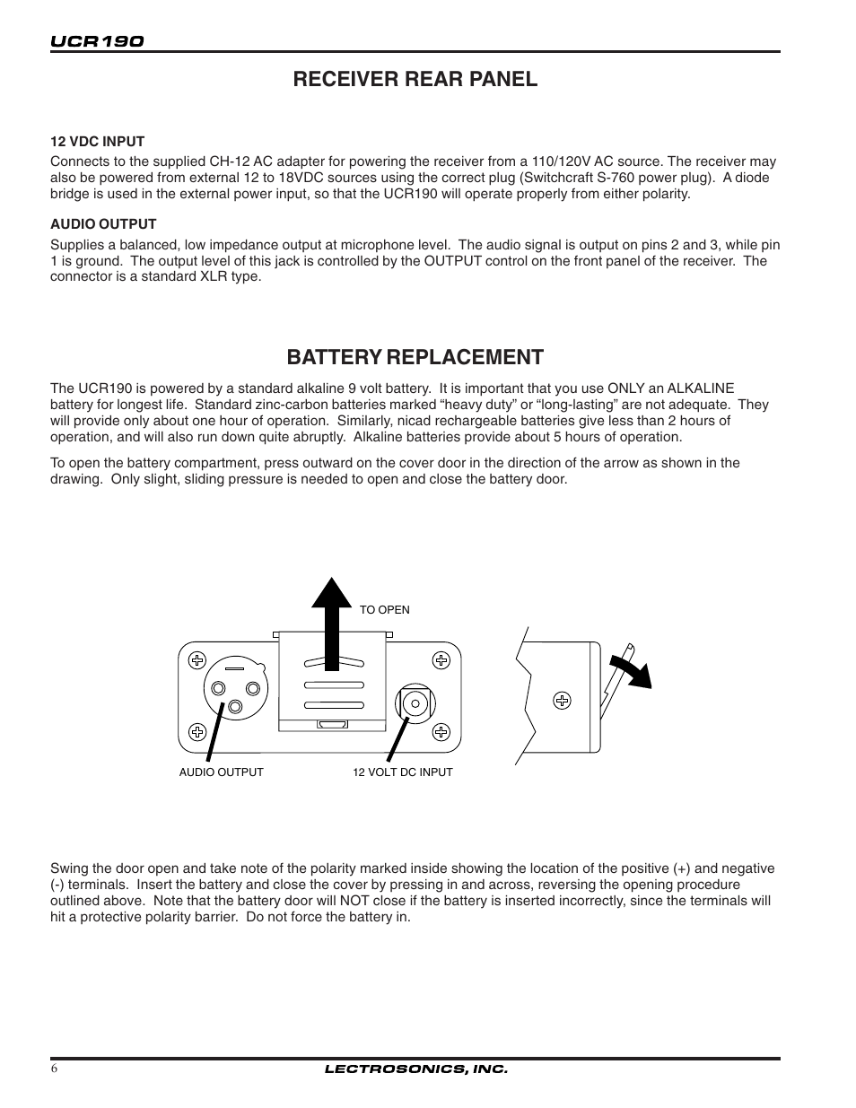 Receiver rear panel, Battery replacement | Lectrosonics UCR190 User Manual | Page 6 / 12