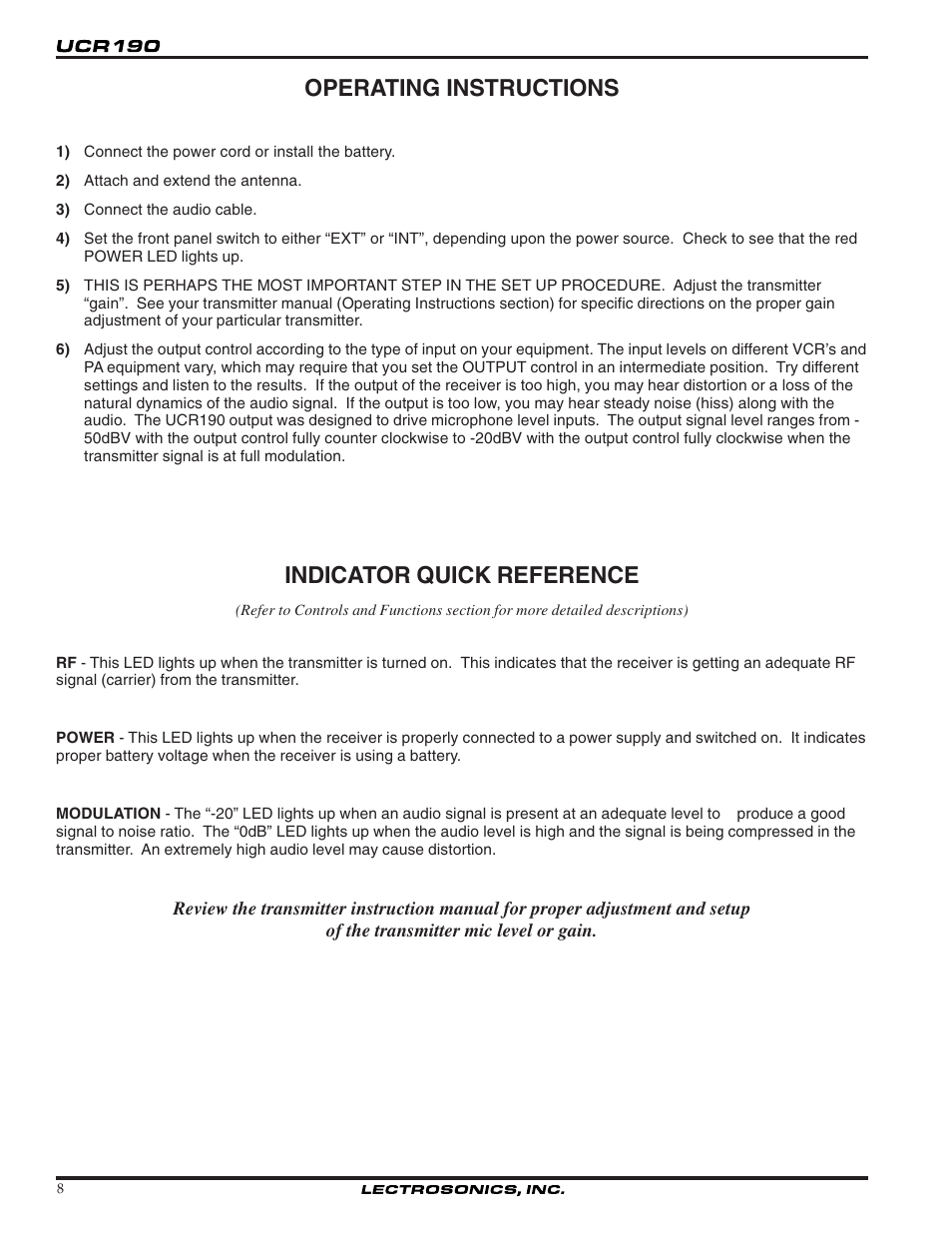 Operating instructions, Indicator quick reference | Lectrosonics UCR190 User Manual | Page 8 / 12