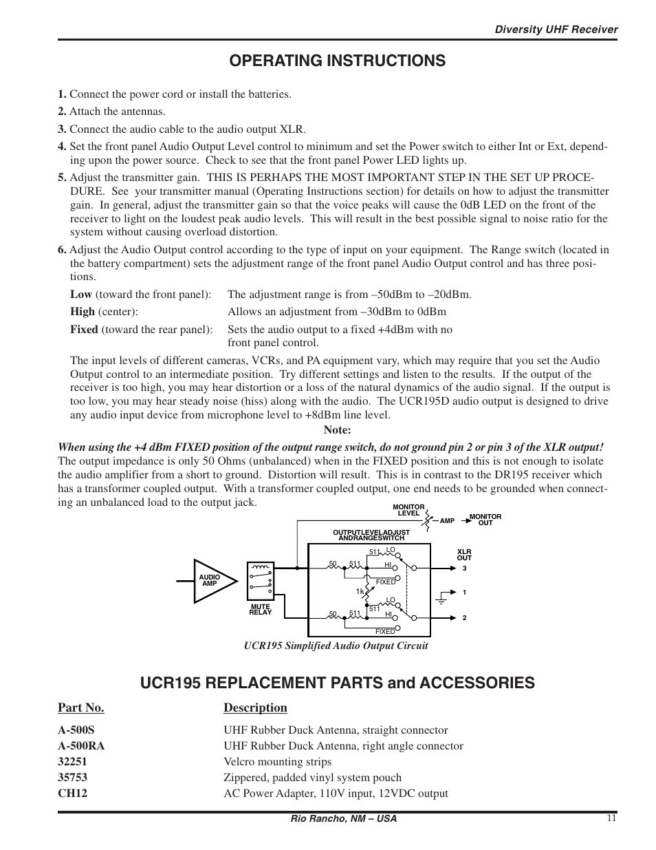 Operating instructions, Ucr195 replacement parts and accessories, Part no. description | Lectrosonics UCR195D User Manual | Page 11 / 16