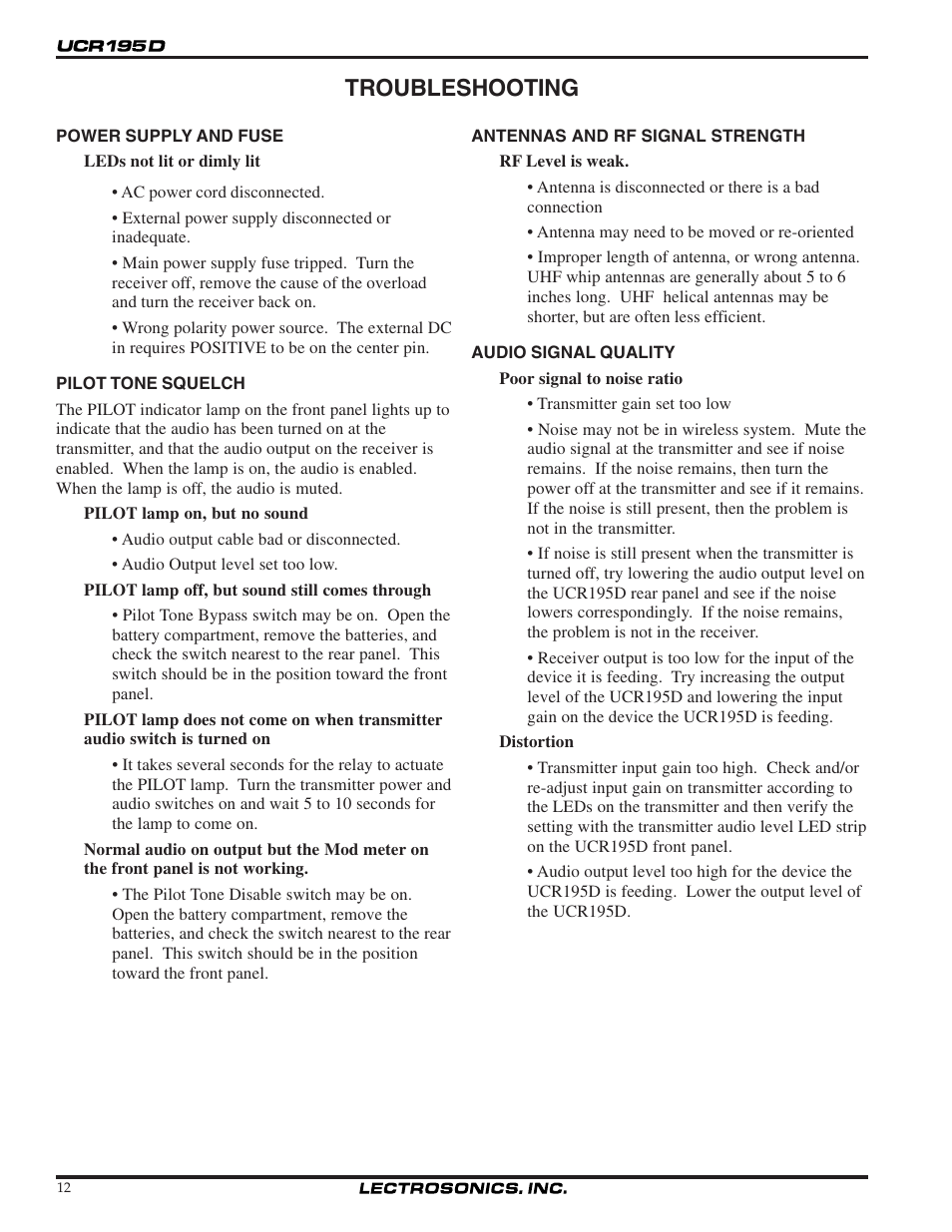 Troubleshooting | Lectrosonics UCR195D User Manual | Page 12 / 16