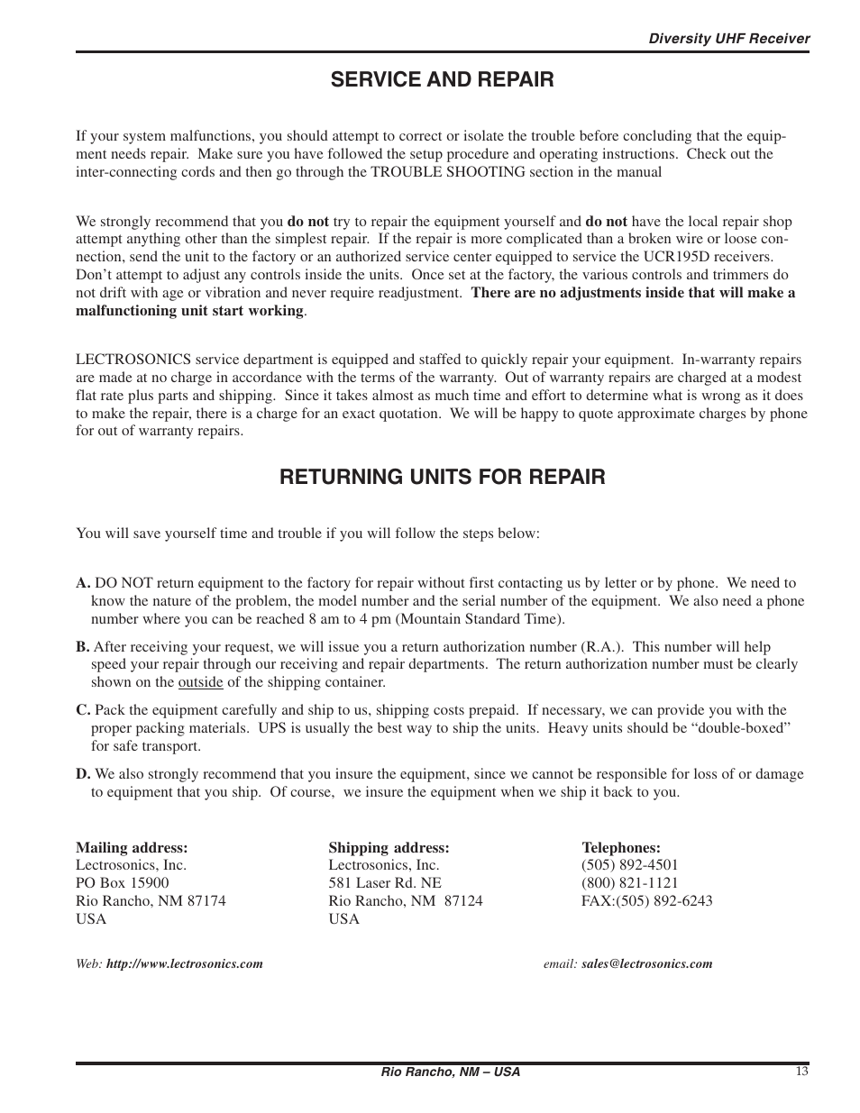Service and repair, Returning units for repair | Lectrosonics UCR195D User Manual | Page 13 / 16