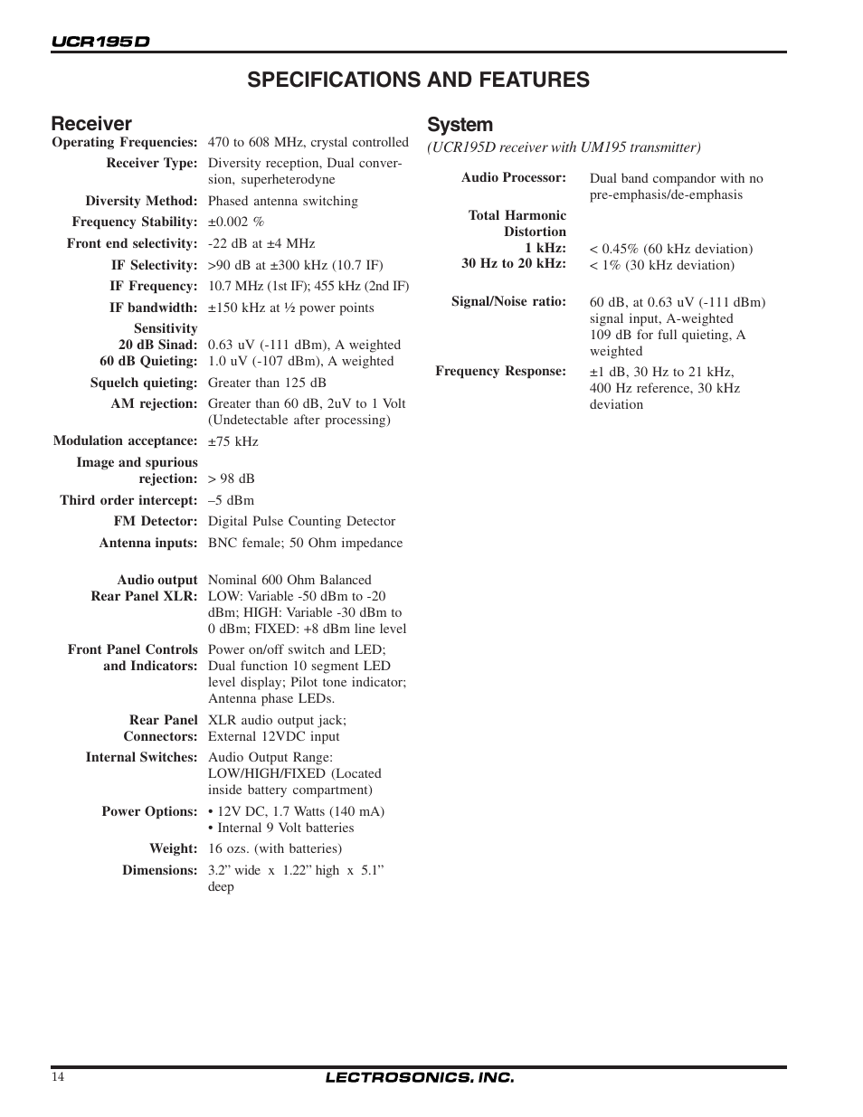 Specifications and features, Receiver, System | Lectrosonics UCR195D User Manual | Page 14 / 16