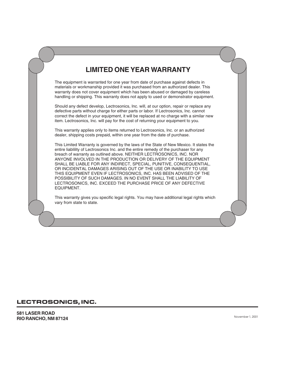 Limited one year warranty | Lectrosonics UCR195D User Manual | Page 16 / 16