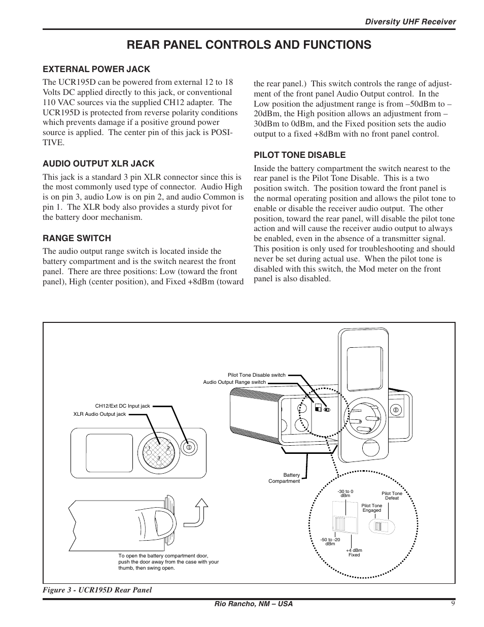 Rear panel controls and functions | Lectrosonics UCR195D User Manual | Page 9 / 16