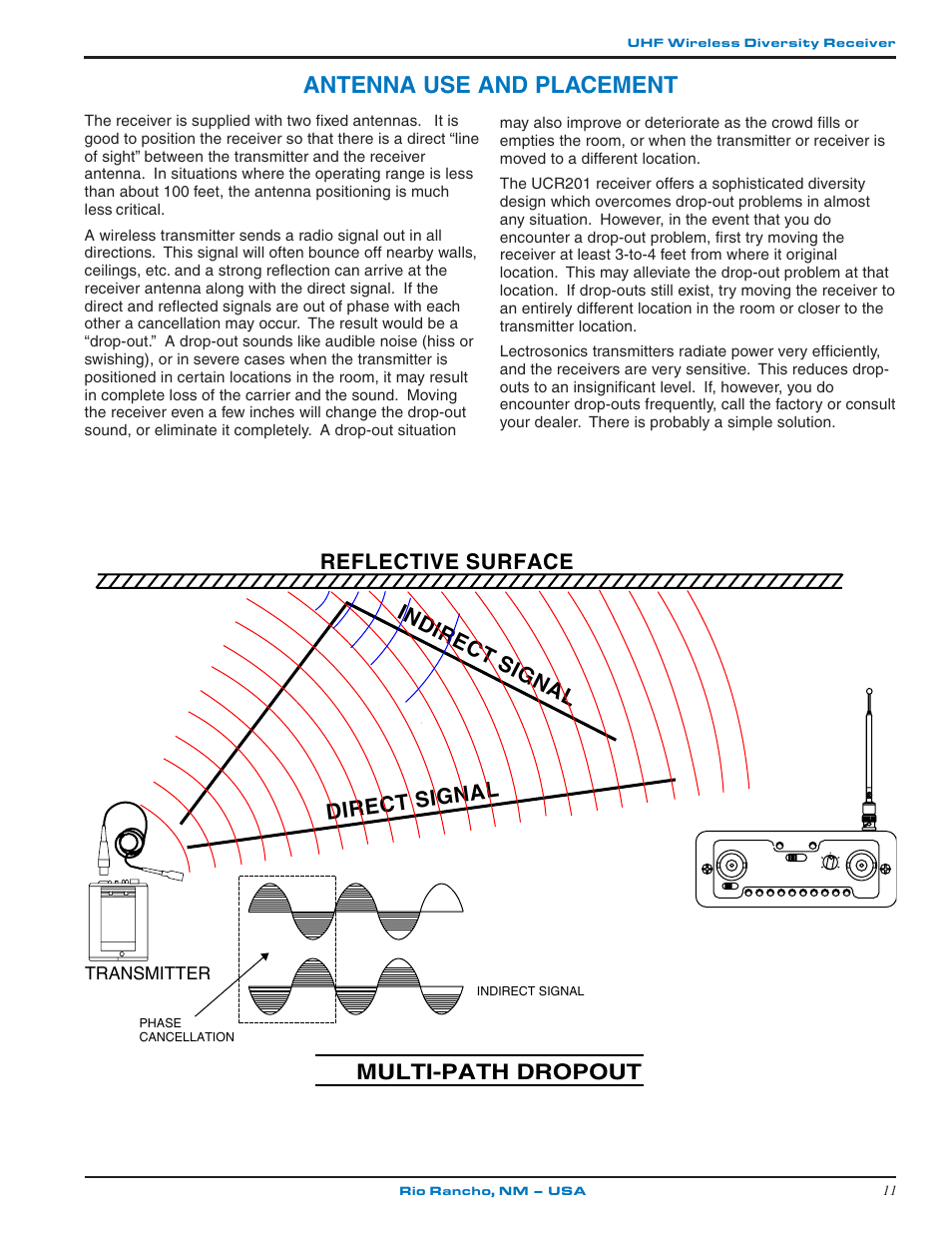 Antenna use and placement, Reflective surface direct signal indirect signal, Multi-path dropout | Lectrosonics UCR201 User Manual | Page 11 / 20