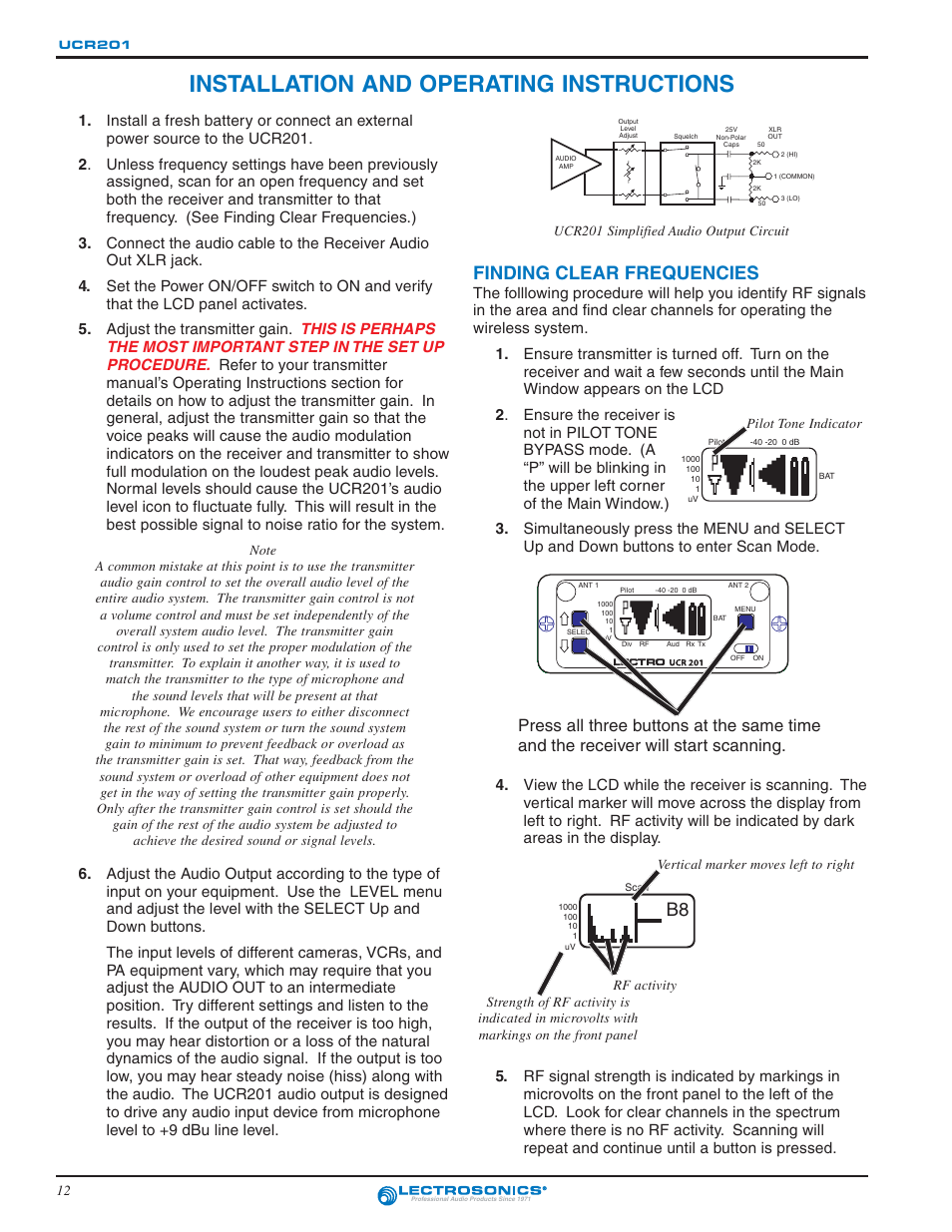 Installation and operating instructions, Finding clear frequencies, Not in pilot tone bypass mode. (a | P” will be blinking in, The upper left corner, Of the main window.) | Lectrosonics UCR201 User Manual | Page 12 / 20