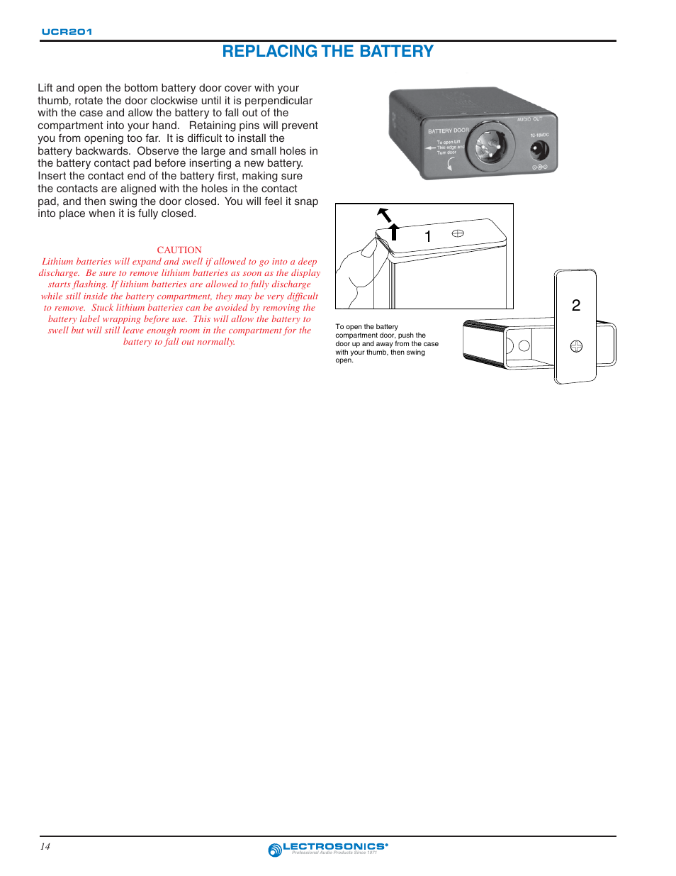 Replacing the battery | Lectrosonics UCR201 User Manual | Page 14 / 20