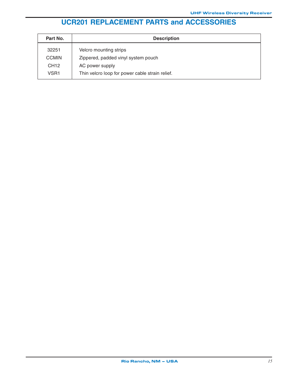 Ucr201 replacement parts and accessories | Lectrosonics UCR201 User Manual | Page 15 / 20