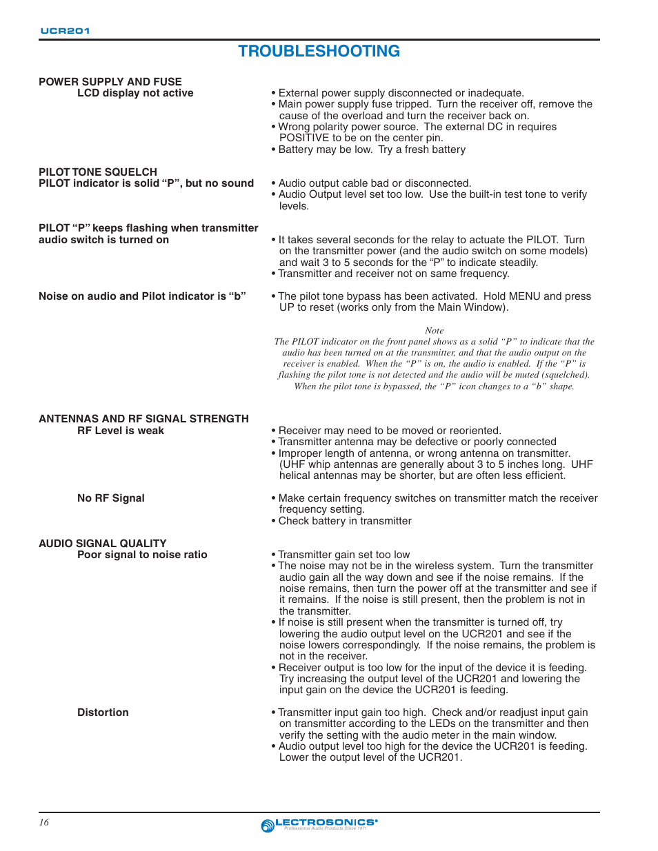 Troubleshooting | Lectrosonics UCR201 User Manual | Page 16 / 20