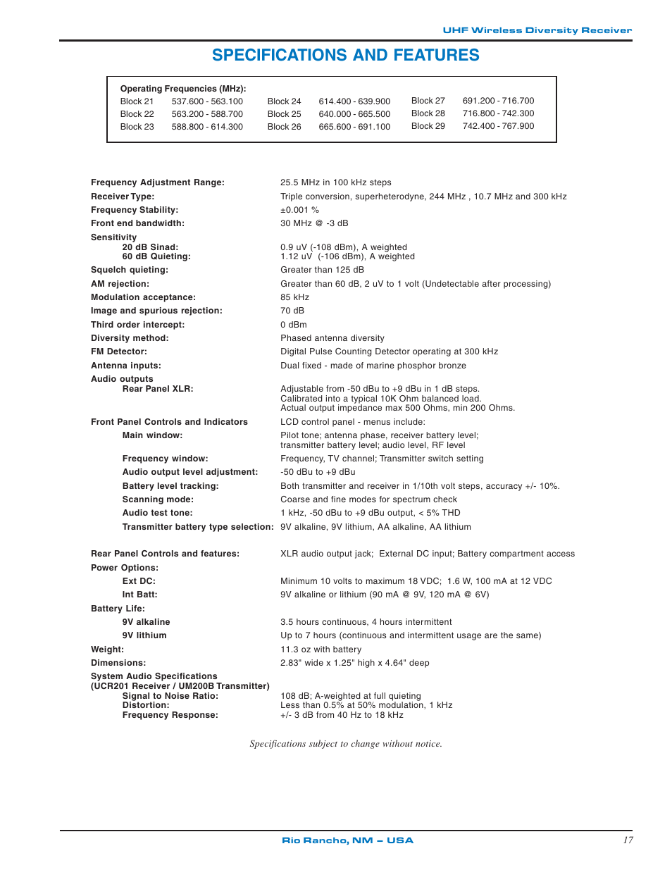 Specifications and features | Lectrosonics UCR201 User Manual | Page 17 / 20