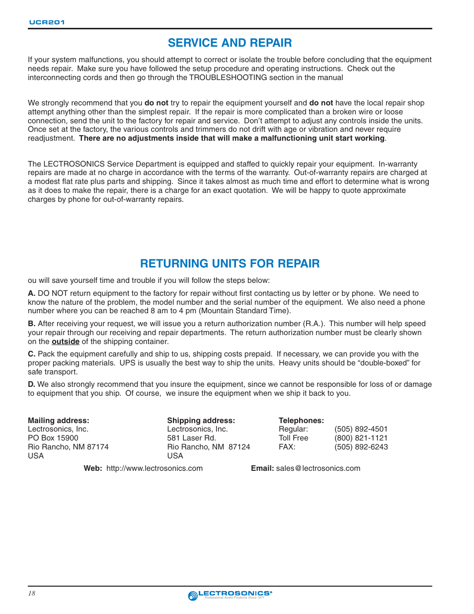 Service and repair, Returning units for repair | Lectrosonics UCR201 User Manual | Page 18 / 20