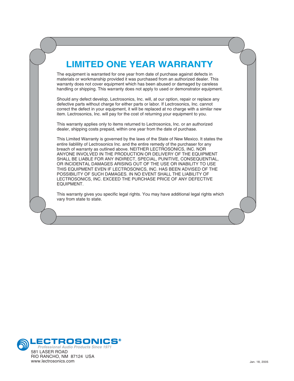 Limited one year warranty | Lectrosonics UCR201 User Manual | Page 20 / 20