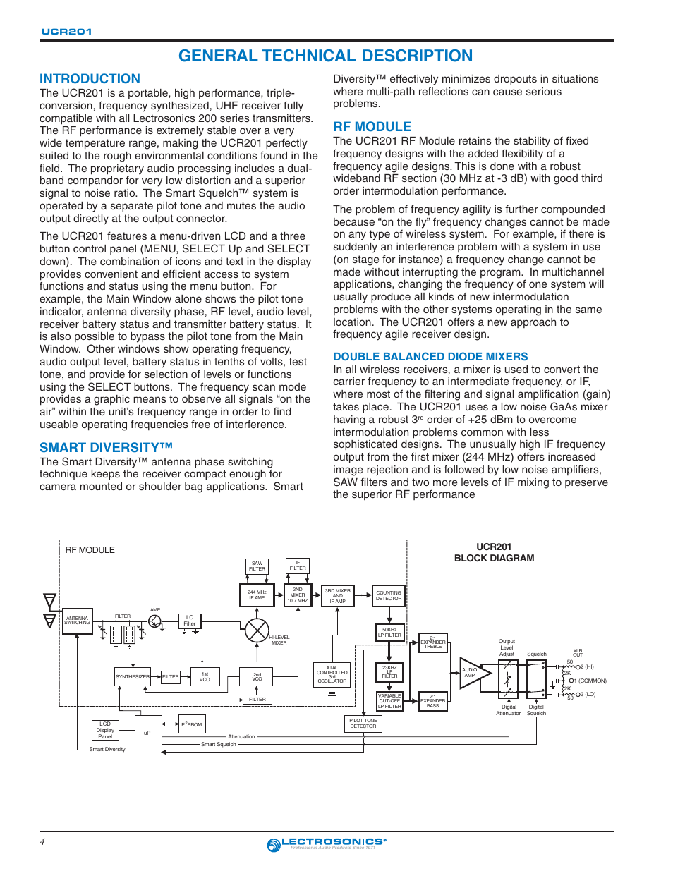 General technical description, Introduction, Smart diversity | Rf module, Ucr201 block diagram, Ucr201 | Lectrosonics UCR201 User Manual | Page 4 / 20