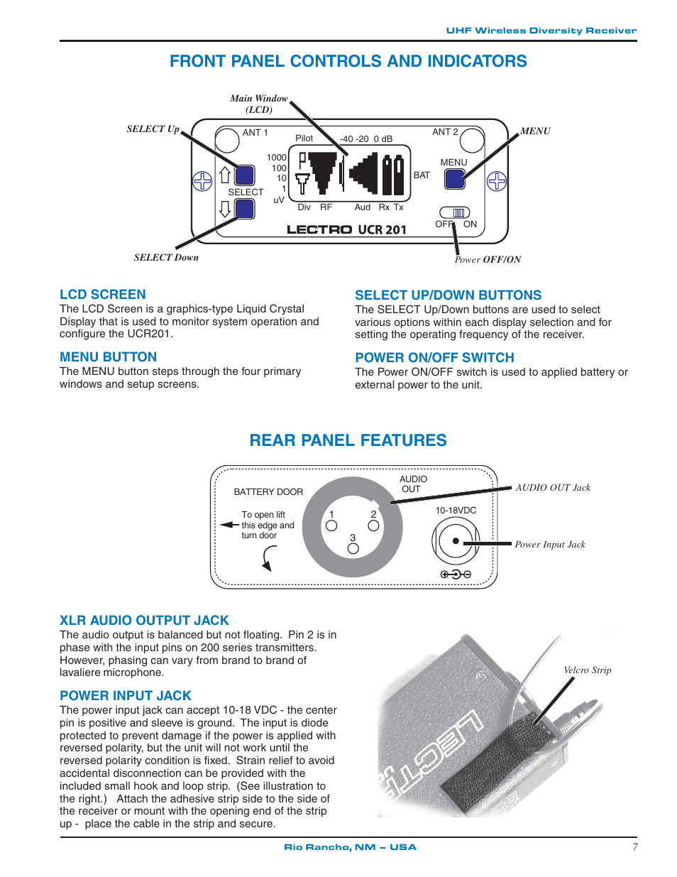 Front panel controls and indicators, Rear panel features, Lcd screen | Menu button, Select up/down buttons, Power on/off switch, Xlr audio output jack, Power input jack | Lectrosonics UCR201 User Manual | Page 7 / 20