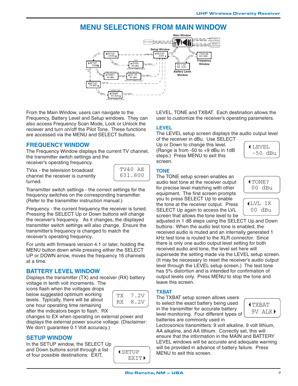 Menu selections from main window, Txbat 9v alk, Lvl 1k 00 dbu | Frequency window, Battery level window, Tx 7.2v rx 8.2v setup window, Setup exit, Level -50 dbu, Tone? 00 dbu | Lectrosonics UCR201 User Manual | Page 9 / 20