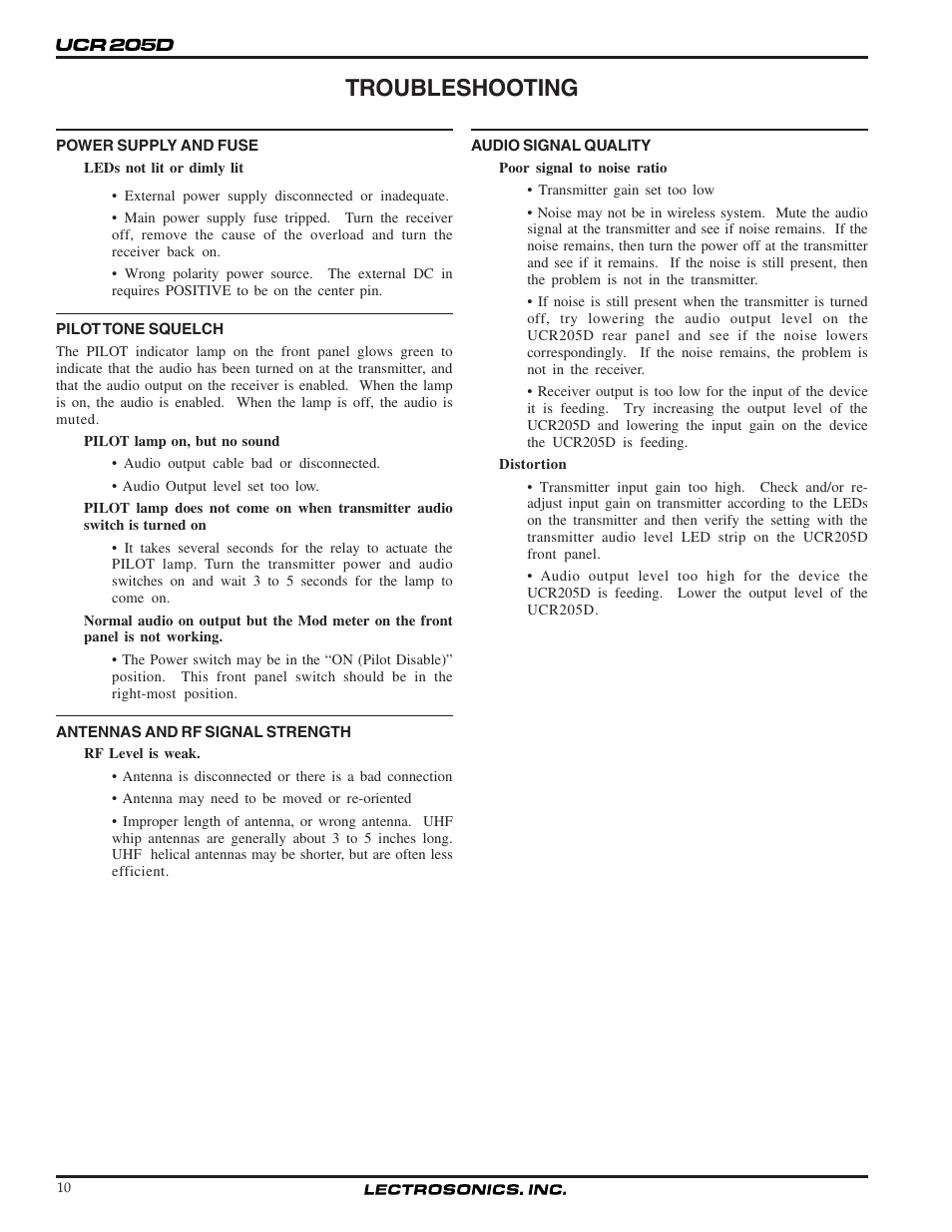 Troubleshooting | Lectrosonics UCR205d User Manual | Page 10 / 14