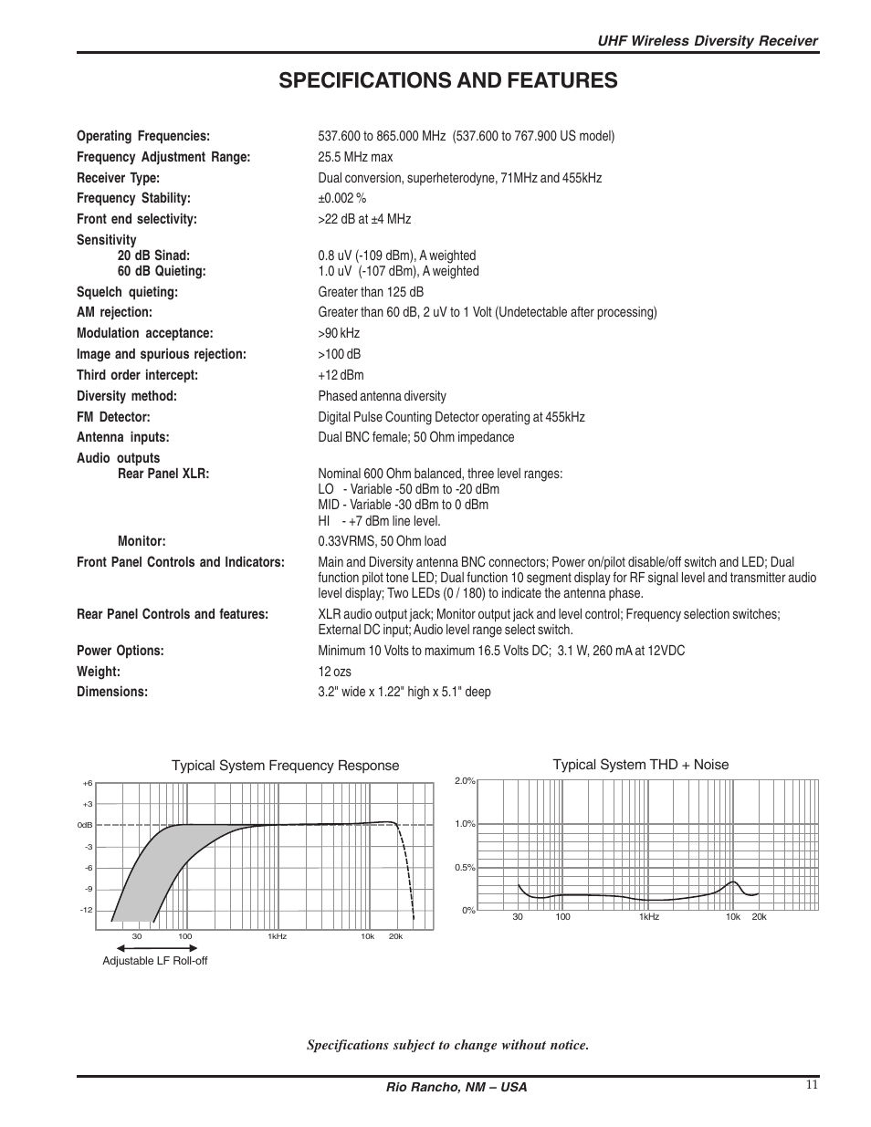 Specifications and features | Lectrosonics UCR205d User Manual | Page 11 / 14