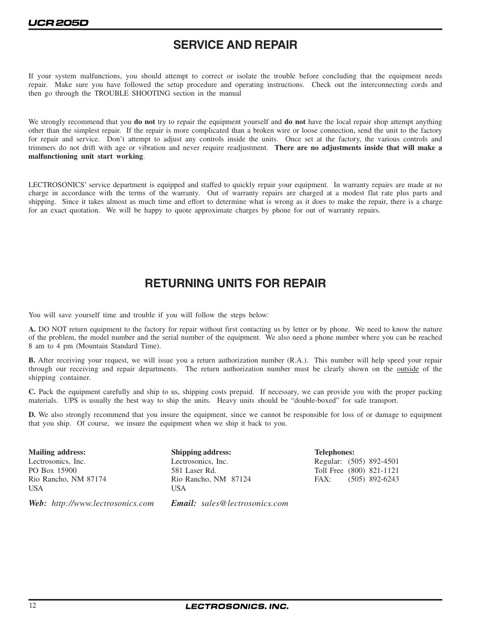 Service and repair, Returning units for repair | Lectrosonics UCR205d User Manual | Page 12 / 14