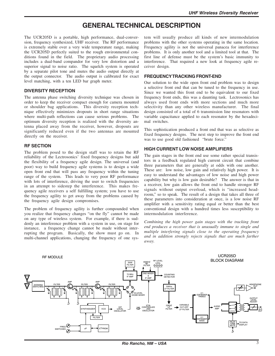 General technical description, Uhf wireless diversity receiver, Diversity reception | Frequency tracking front-end, High current low noise amplifiers, Rio rancho, nm – usa 3, Ucr205d block diagram, Rf module | Lectrosonics UCR205d User Manual | Page 3 / 14