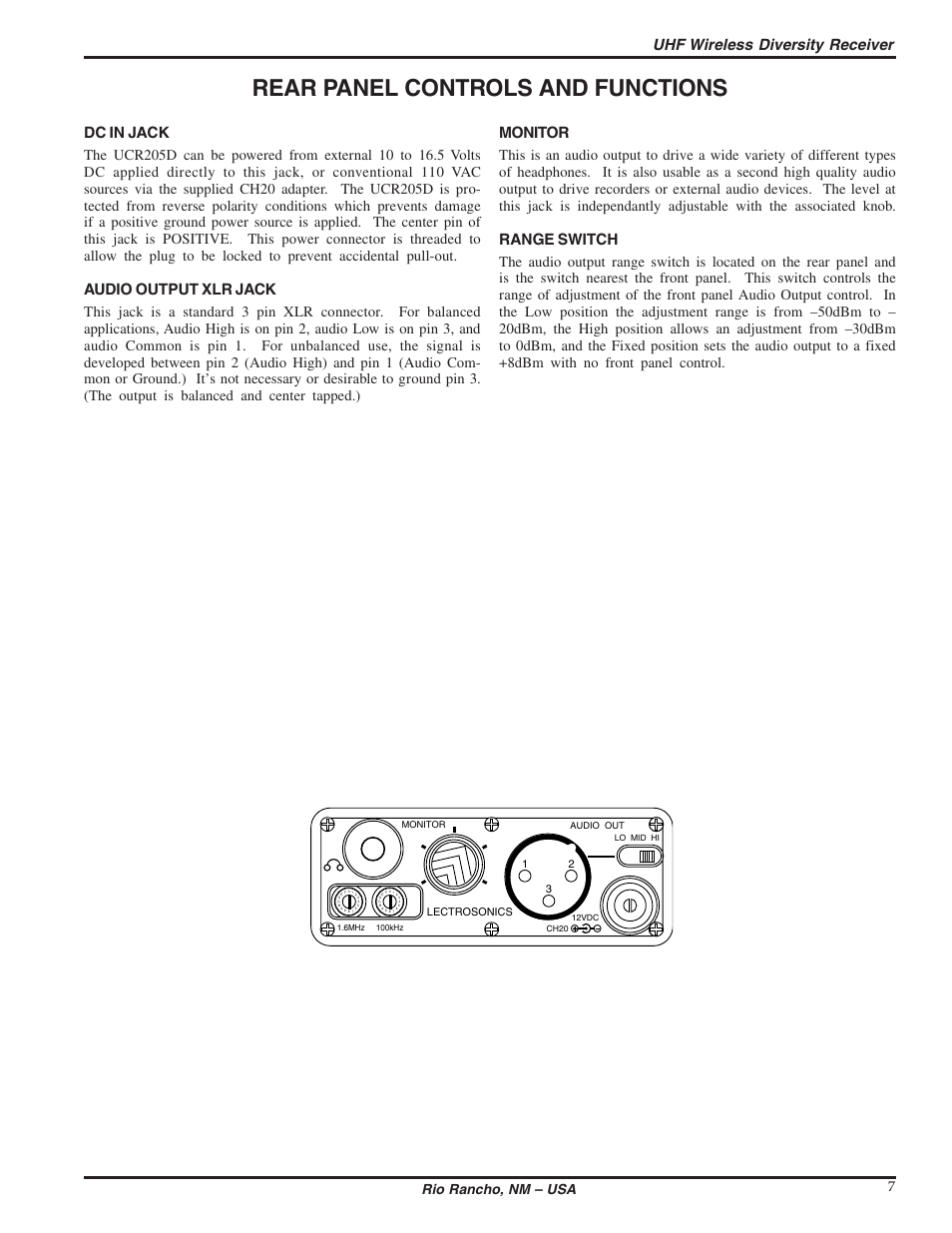 Rear panel controls and functions, Uhf wireless diversity receiver, Dc in jack | Audio output xlr jack, Monitor, Range switch, Rio rancho, nm – usa 7 | Lectrosonics UCR205d User Manual | Page 7 / 14