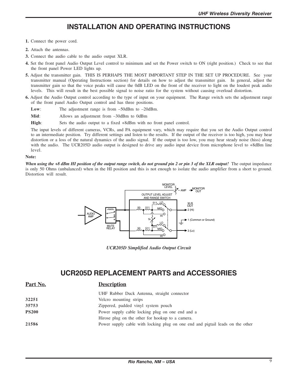 Installation and operating instructions, Ucr205d replacement parts and accessories, Part no. description | Lectrosonics UCR205d User Manual | Page 9 / 14