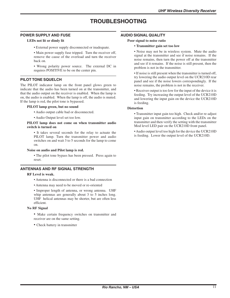 Troubleshooting | Lectrosonics UCR210d User Manual | Page 11 / 14