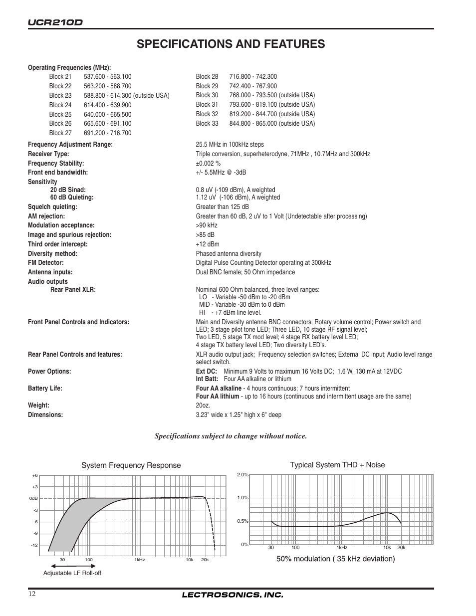 Specifications and features | Lectrosonics UCR210d User Manual | Page 12 / 14