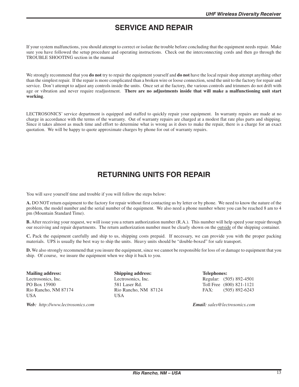 Service and repair, Returning units for repair | Lectrosonics UCR210d User Manual | Page 13 / 14