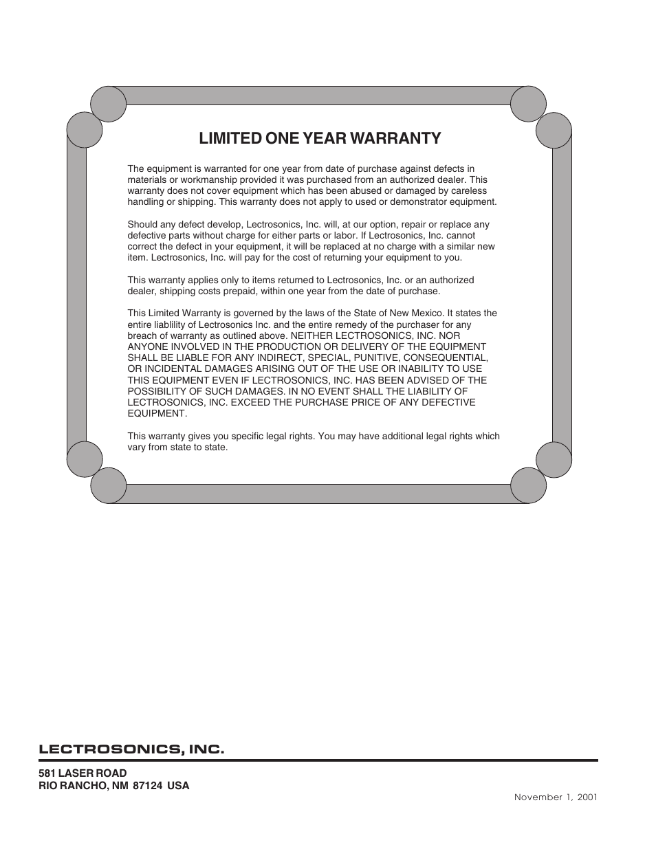 Limited one year warranty | Lectrosonics UCR210d User Manual | Page 14 / 14