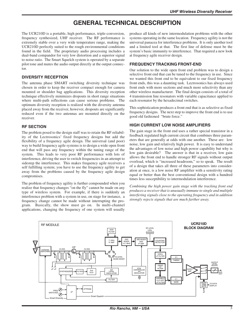 General technical description, Uhf wireless diversity receiver, Diversity reception | Frequency tracking front-end, High current low noise amplifiers, Rio rancho, nm – usa 3, Ucr210d block diagram, Rf module | Lectrosonics UCR210d User Manual | Page 3 / 14