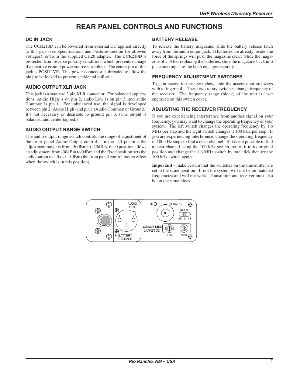 Rear panel controls and functions, Uhf wireless diversity receiver, Dc in jack | Audio output xlr jack, Audio output range switch, Battery release, Frequency adjustment switches, Adjusting the receiver frequency, Rio rancho, nm – usa 7, Ucr210d | Lectrosonics UCR210d User Manual | Page 7 / 14