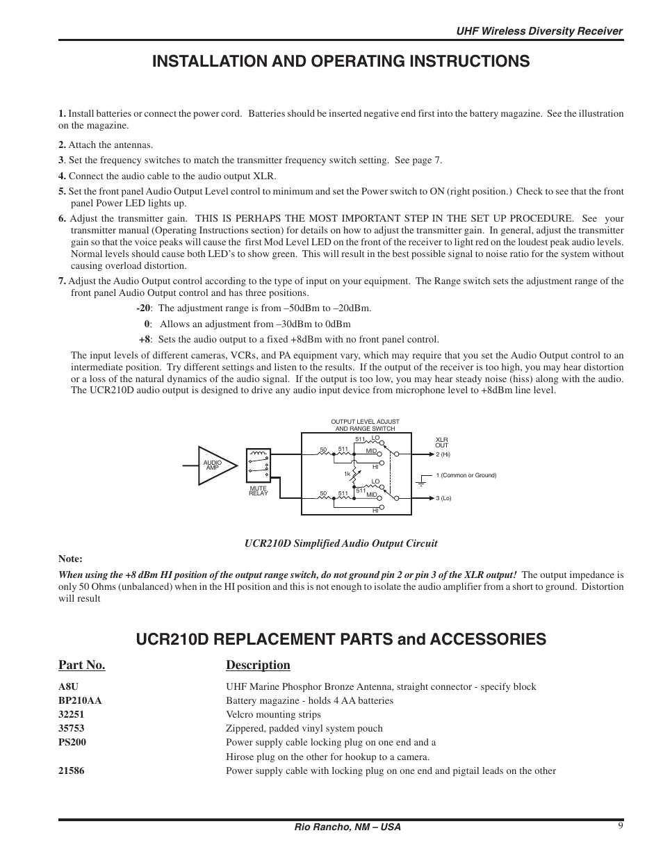 Installation and operating instructions, Ucr210d replacement parts and accessories, Part no. description | Lectrosonics UCR210d User Manual | Page 9 / 14