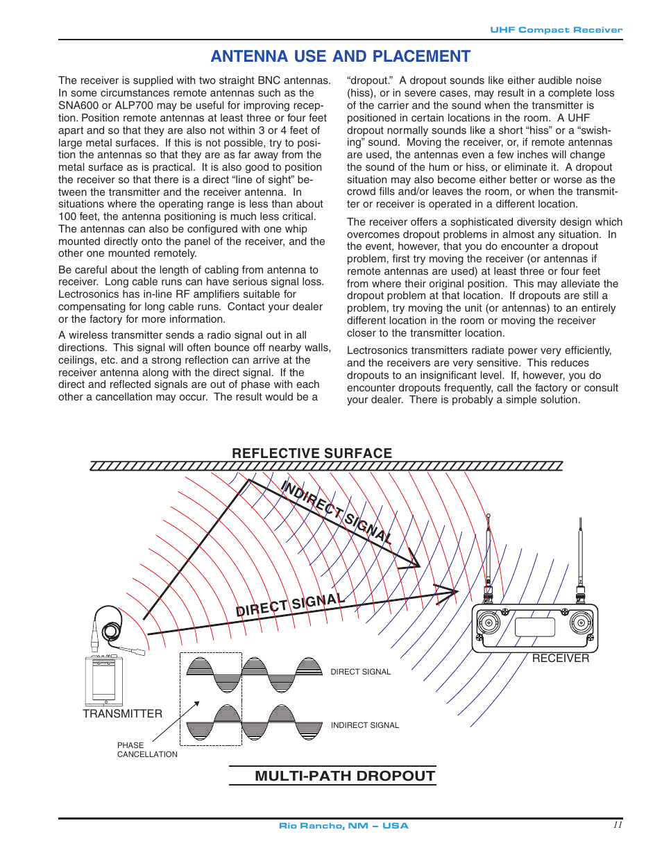 Antenna use and placement, Reflective surface direct signal indirect signal, Multi-path dropout | Lectrosonics UCR211 User Manual | Page 11 / 20