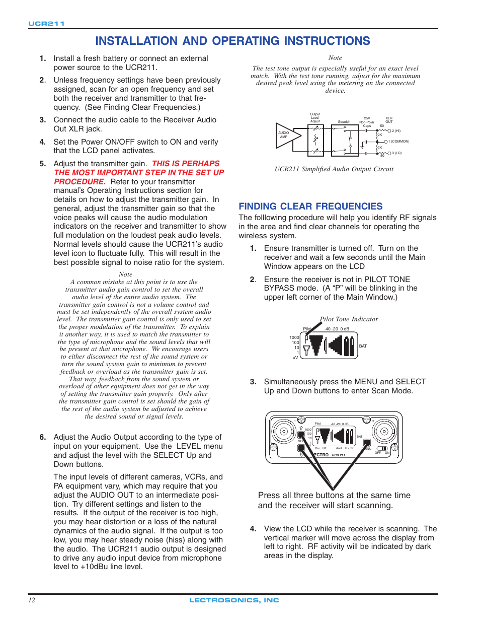 Installation and operating instructions, Finding clear frequencies | Lectrosonics UCR211 User Manual | Page 12 / 20