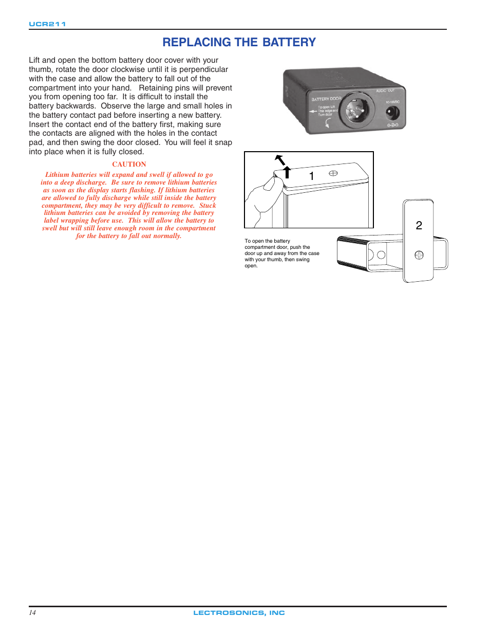 Replacing the battery | Lectrosonics UCR211 User Manual | Page 14 / 20