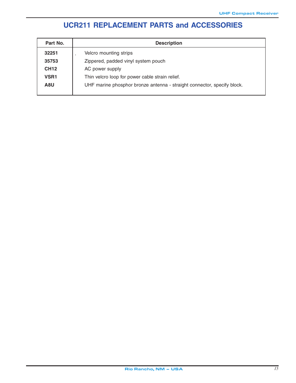 Ucr211 replacement parts and accessories | Lectrosonics UCR211 User Manual | Page 15 / 20