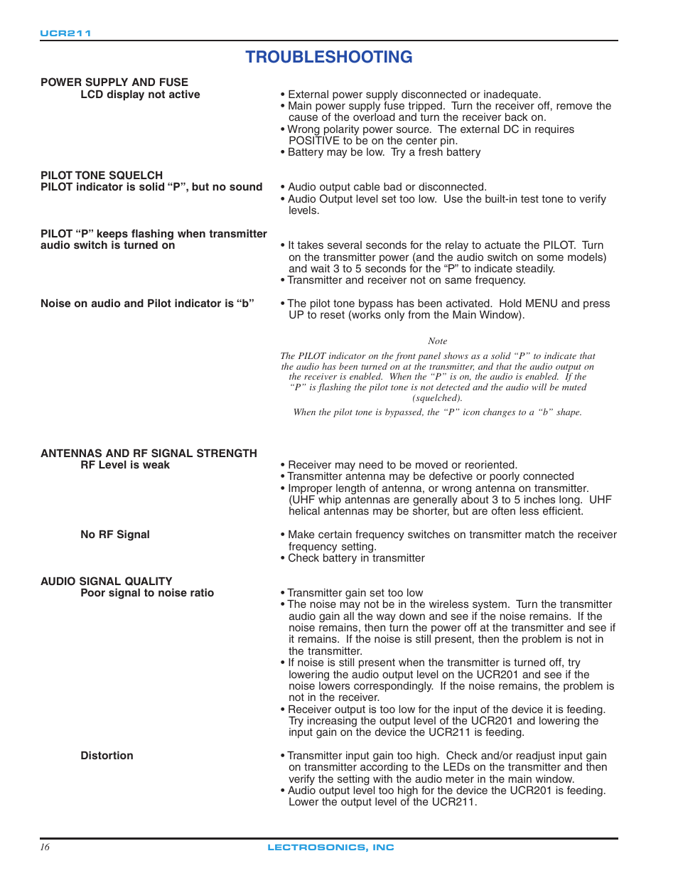 Troubleshooting | Lectrosonics UCR211 User Manual | Page 16 / 20