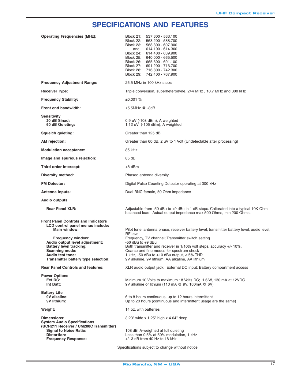 Specifications and features | Lectrosonics UCR211 User Manual | Page 17 / 20