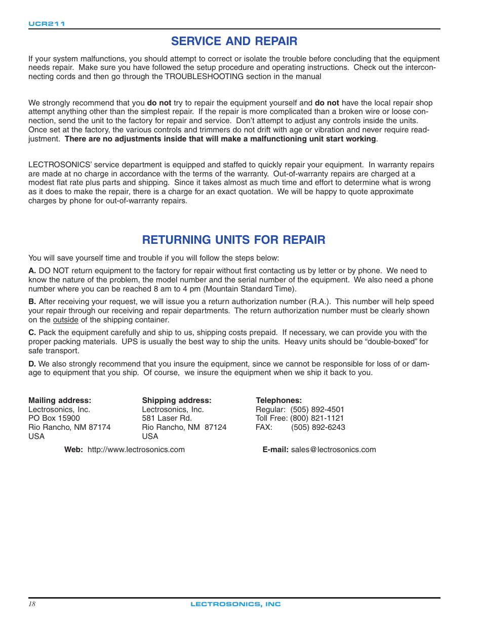 Service and repair, Returning units for repair | Lectrosonics UCR211 User Manual | Page 18 / 20