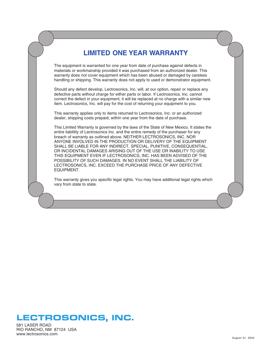 Lectrosonics, inc, Limited one year warranty | Lectrosonics UCR211 User Manual | Page 20 / 20