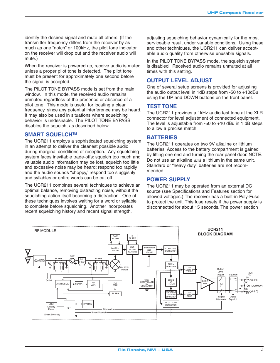 Smart squelch, Output level adjust, Test tone | Batteries, Power supply, Ucr211 block diagram, Uhf compact receiver, Rf module, Rio rancho, nm – usa | Lectrosonics UCR211 User Manual | Page 5 / 20