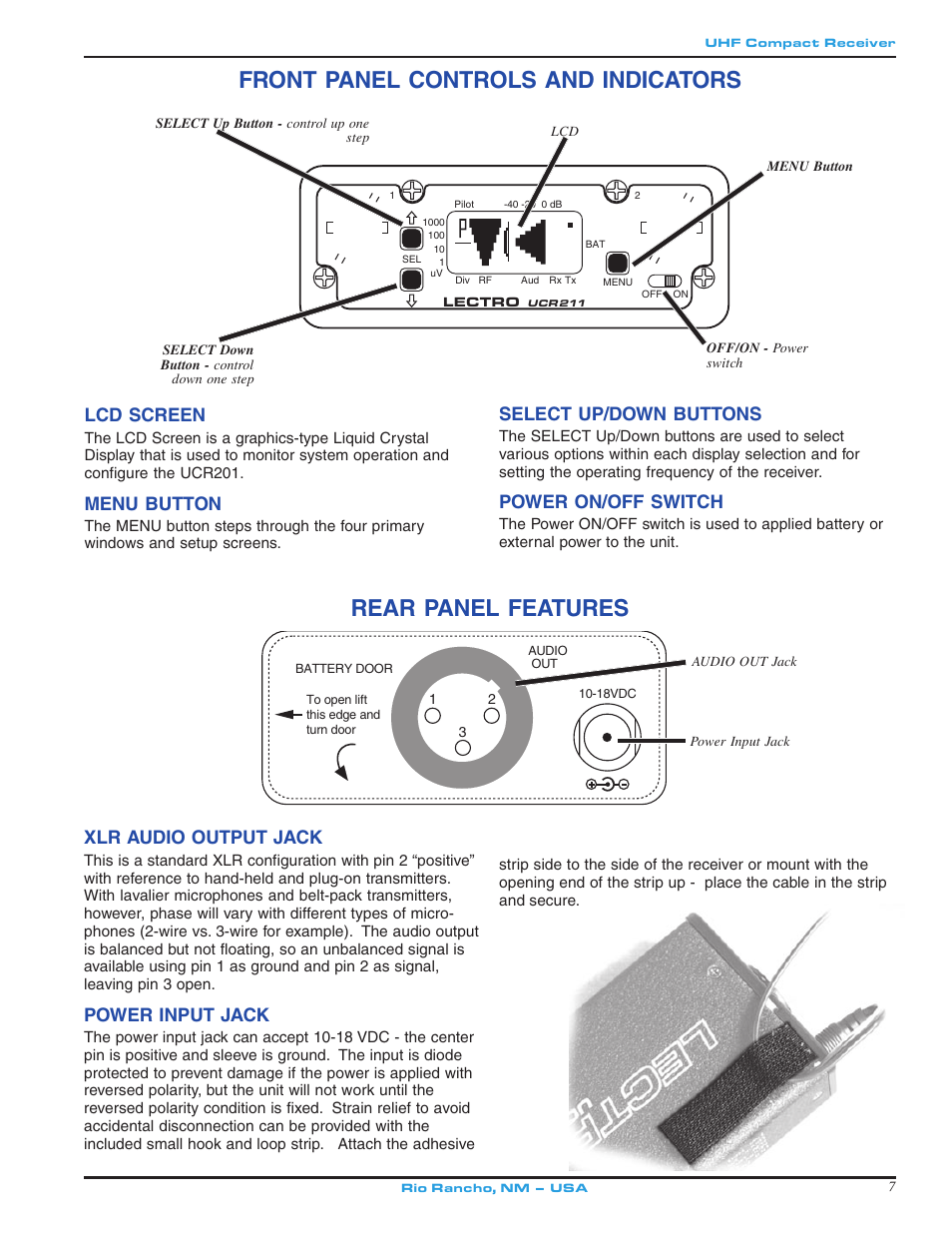 Front panel controls and indicators, Rear panel features, Select up/down buttons | Power on/off switch, Lcd screen, Menu button, Xlr audio output jack, Power input jack | Lectrosonics UCR211 User Manual | Page 7 / 20