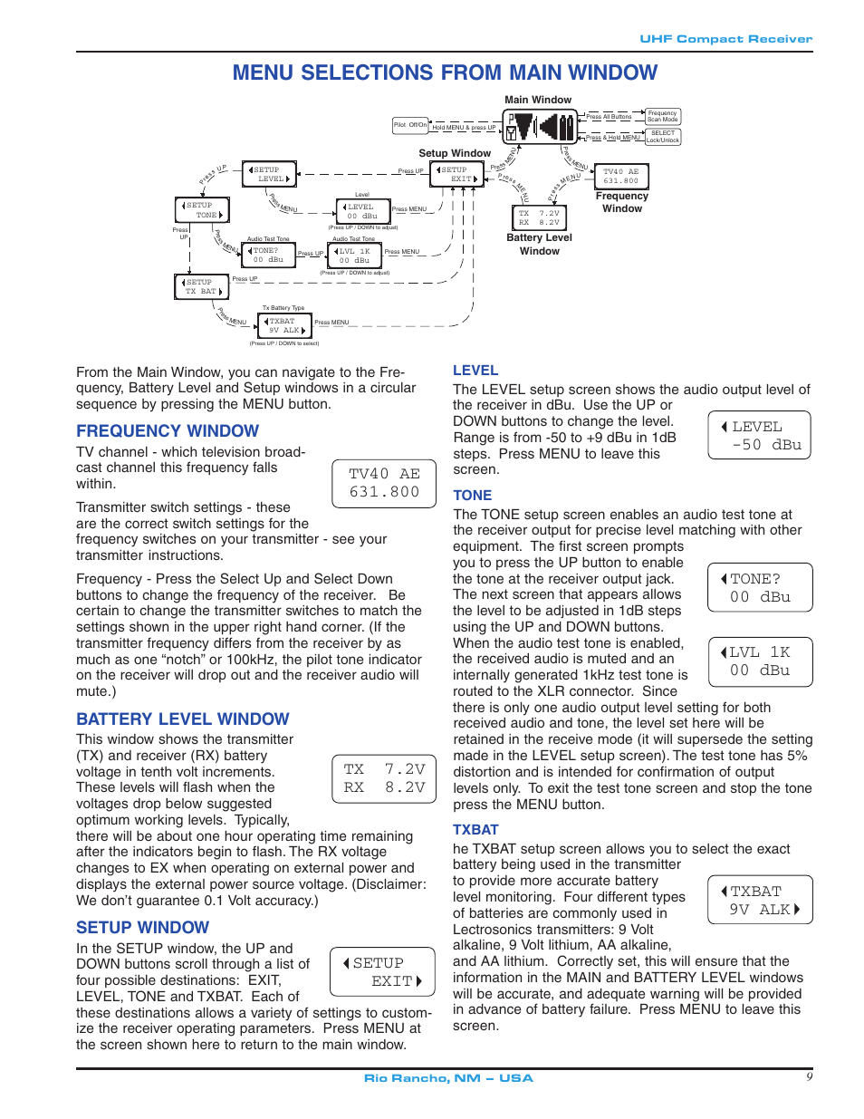 Menu selections from main window, Lvl 1k 00 dbu, Frequency window | Battery level window, Tx 7.2v rx 8.2v setup window, Setup exit, Level -50 dbu, Tone? 00 dbu, Txbat 9v alk | Lectrosonics UCR211 User Manual | Page 9 / 20