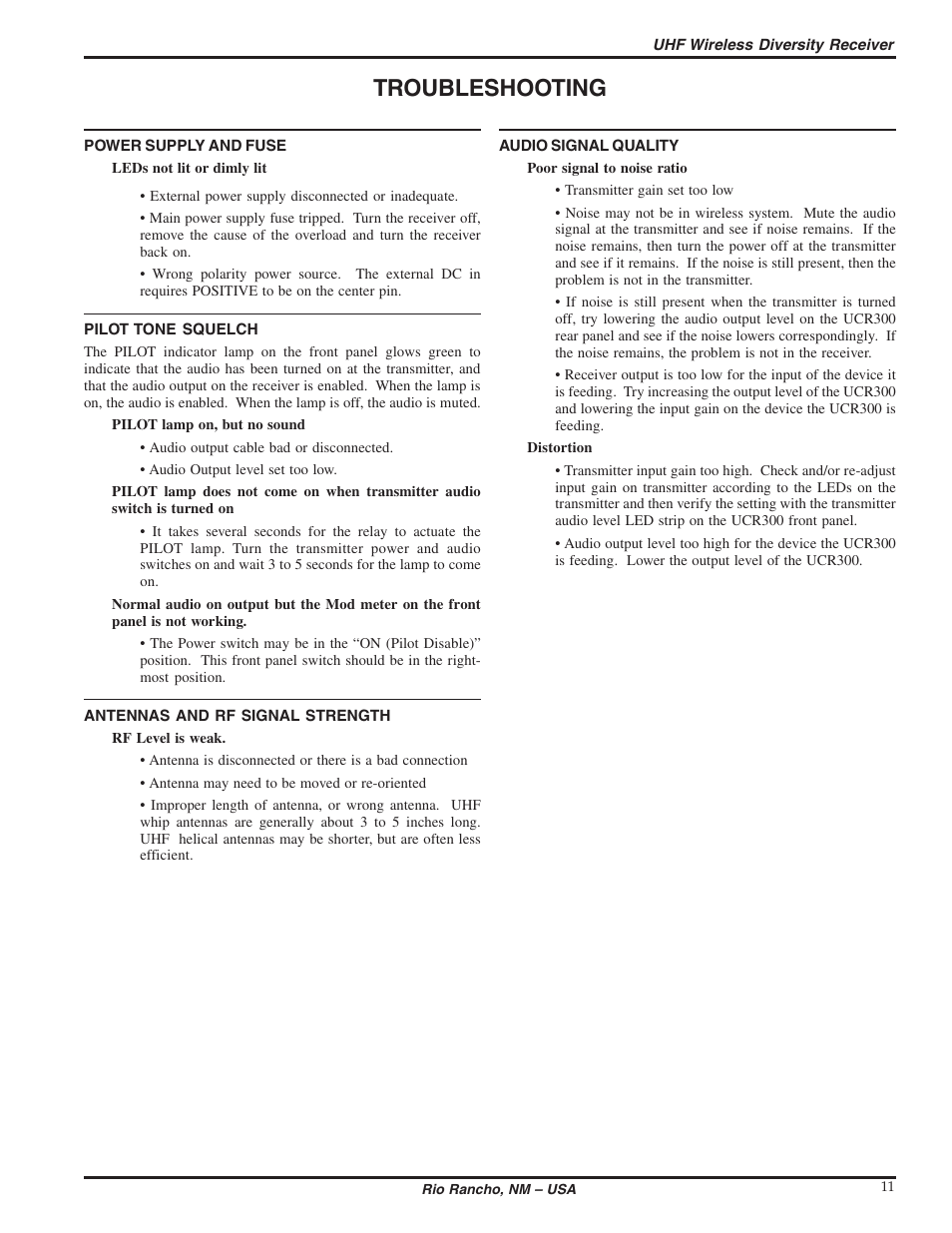 Troubleshooting | Lectrosonics UCR300 User Manual | Page 11 / 14