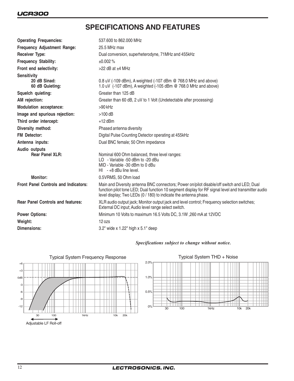 Specifications and features | Lectrosonics UCR300 User Manual | Page 12 / 14