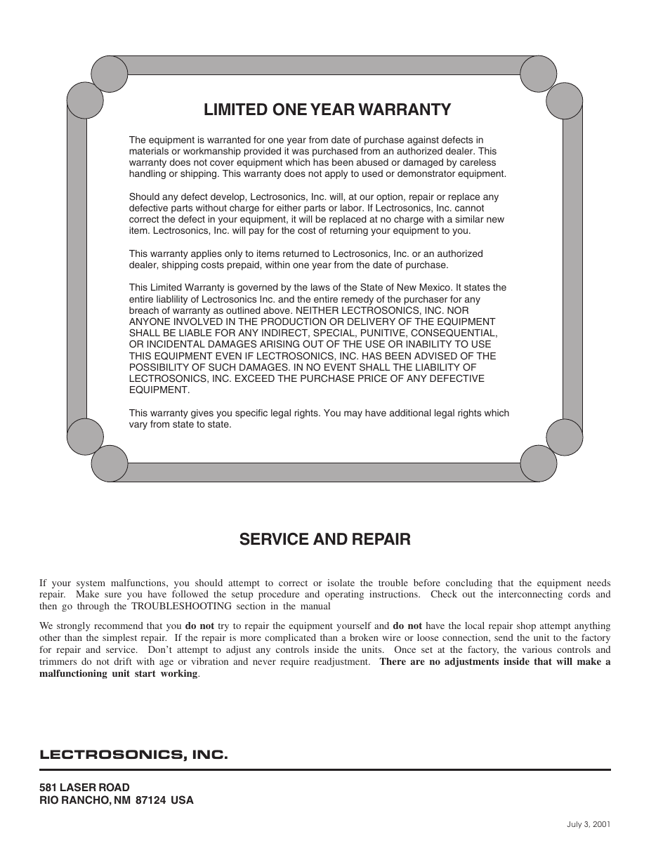 Limited one year warranty service and repair | Lectrosonics UCR300 User Manual | Page 14 / 14